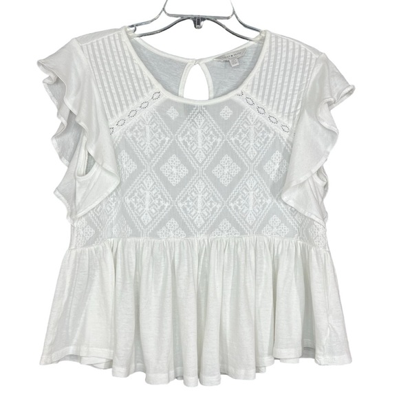 Lucky Brand Tops - Lucky Brand White Embroidered Flutter Sleeve Peplum Cropped Top Women's Size S